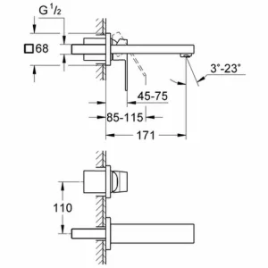 GROHE 2-Loch-WT-Wandbatt. Eurocube 19895 FMS Ausladung 171mm Hard Graphite Gebürstet, 19895AL0 6