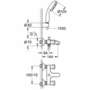 Grohe 2-Griff-Wannenarmatur Costa 25460 Mit Tempesta Wandhalterset Chrom 6
